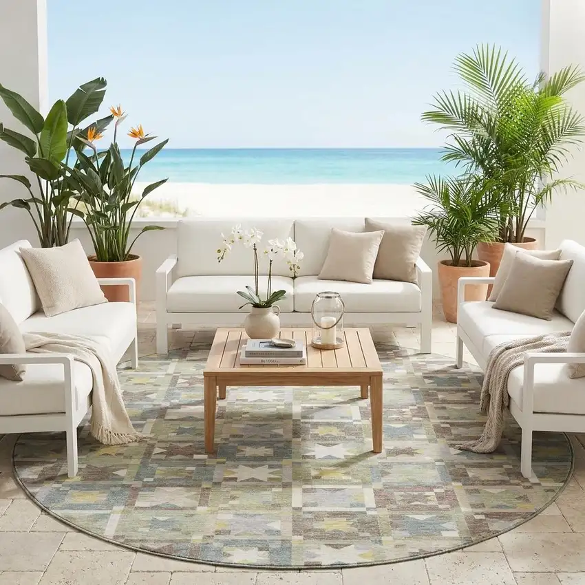 8' Green And Brown Round Patchwork Washable Indoor Outdoor Area Rug Photo 1