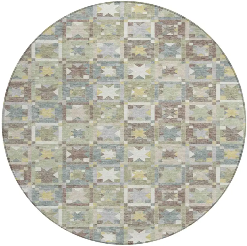 8' Green And Brown Round Patchwork Washable Indoor Outdoor Area Rug Photo 2