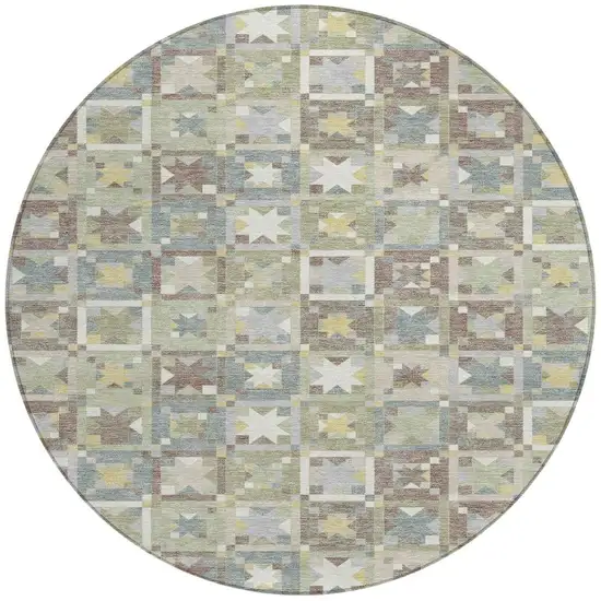 8' Green And Brown Round Patchwork Washable Indoor Outdoor Area Rug Photo 4