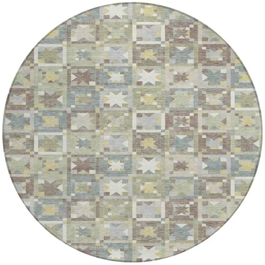 8' Green And Brown Round Patchwork Washable Indoor Outdoor Area Rug Photo 4