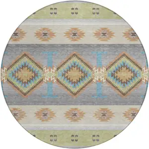 Photo of 8' Green And Brown Round Southwestern Washable Indoor Outdoor Area Rug