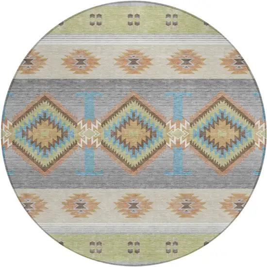8' Green And Brown Round Southwestern Washable Indoor Outdoor Area Rug Photo 1