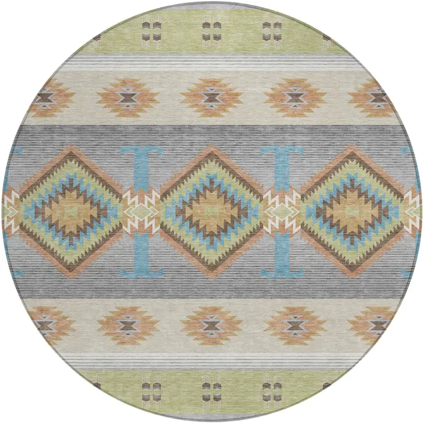 8' Green And Brown Round Southwestern Washable Indoor Outdoor Area Rug Photo 1