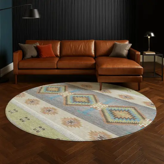 8' Green And Brown Round Southwestern Washable Indoor Outdoor Area Rug Photo 5