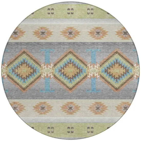 8' Green And Brown Round Southwestern Washable Indoor Outdoor Area Rug Photo 2