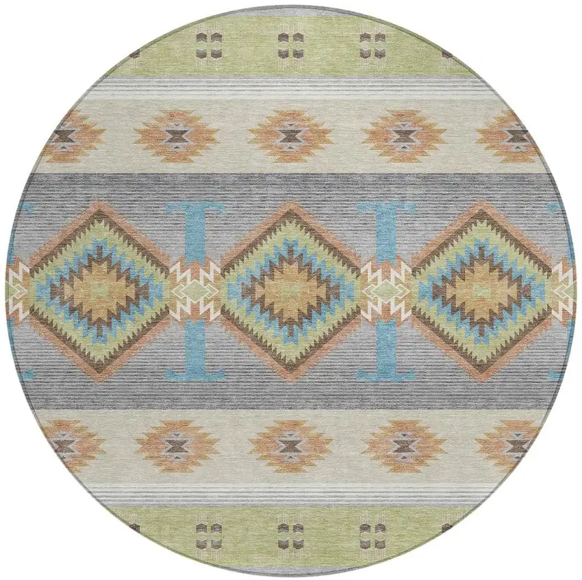 8' Green And Brown Round Southwestern Washable Indoor Outdoor Area Rug Photo 2