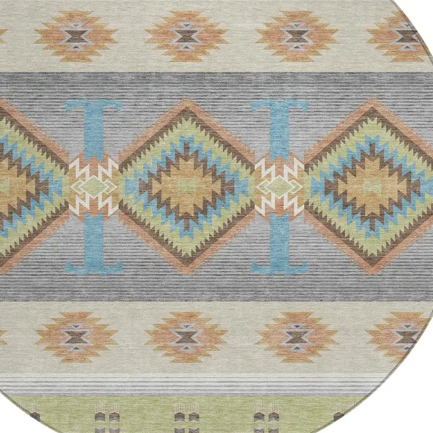 8' Green And Brown Round Southwestern Washable Indoor Outdoor Area Rug Photo 3