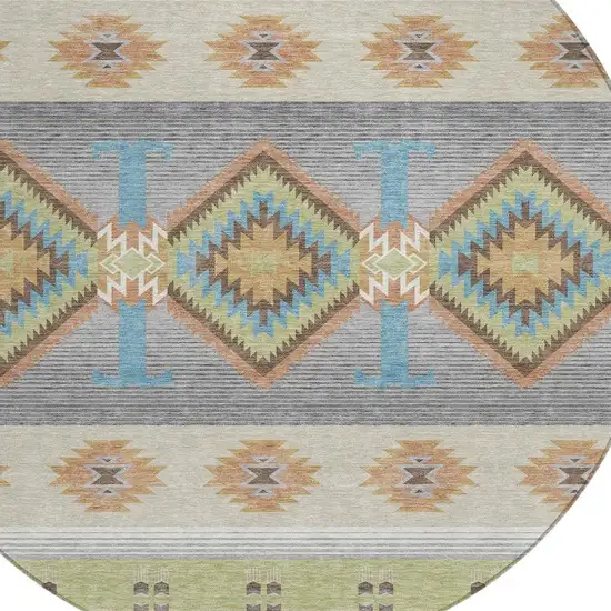 8' Green And Brown Round Southwestern Washable Indoor Outdoor Area Rug Photo 3