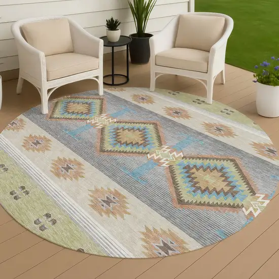 8' Green And Brown Round Southwestern Washable Indoor Outdoor Area Rug Photo 4