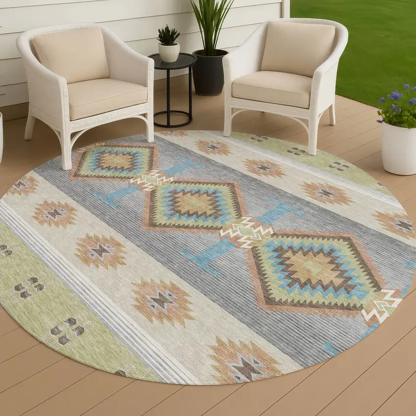 8' Green And Brown Round Southwestern Washable Indoor Outdoor Area Rug Photo 4