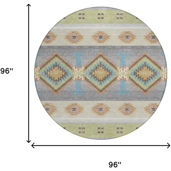 8' Green And Brown Round Southwestern Washable Indoor Outdoor Area Rug Photo 8