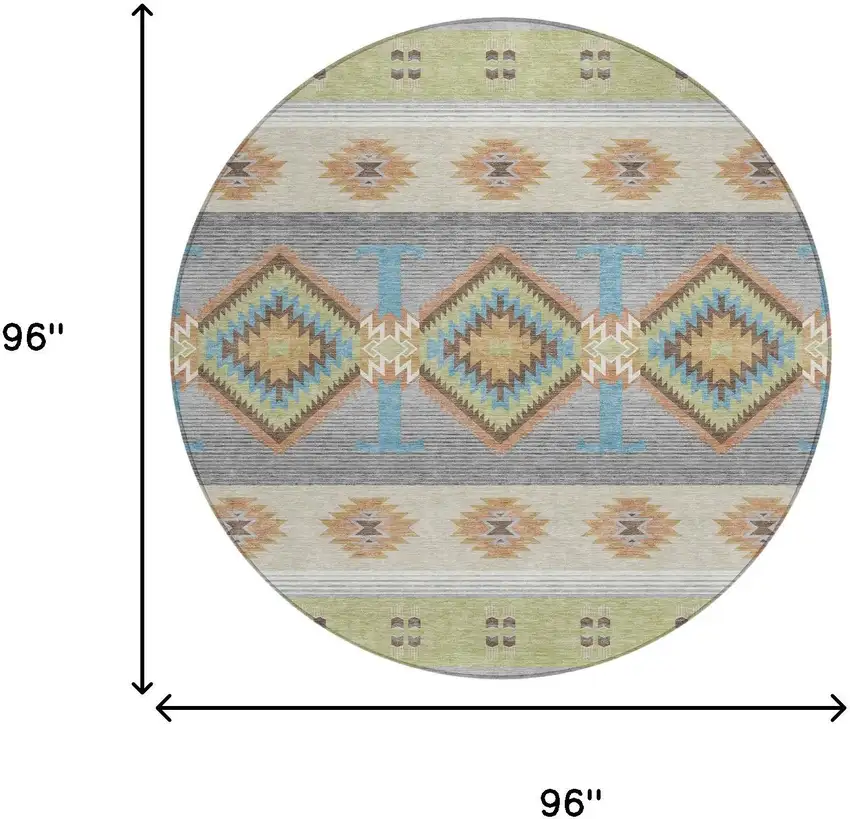 8' Green And Brown Round Southwestern Washable Indoor Outdoor Area Rug Photo 8