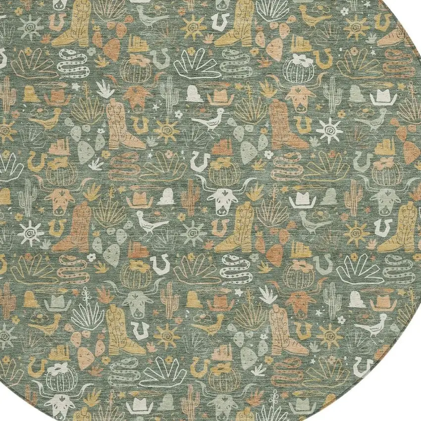 8' Green And Brown Round Stars Washable Indoor Outdoor Area Rug Photo 2