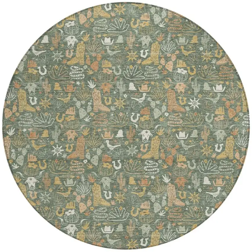 8' Green And Brown Round Stars Washable Indoor Outdoor Area Rug Photo 3