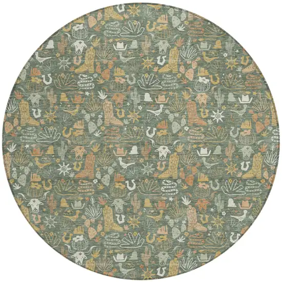 8' Green And Brown Round Stars Washable Indoor Outdoor Area Rug Photo 1