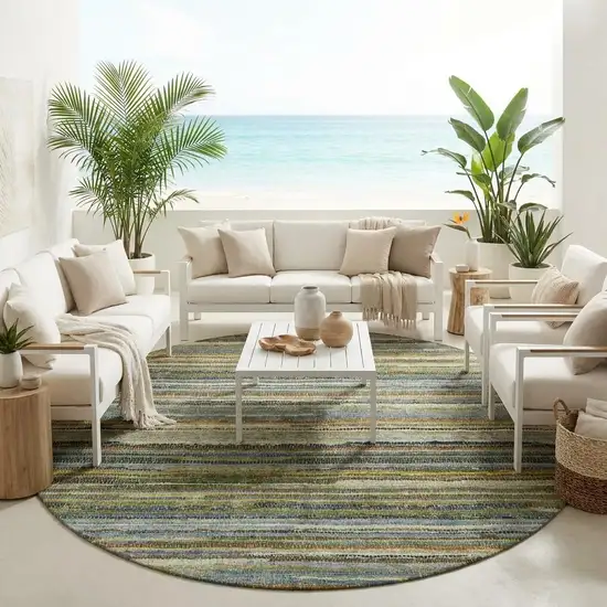 8' Green And Brown Round Striped Washable Indoor Outdoor Area Rug Photo 1