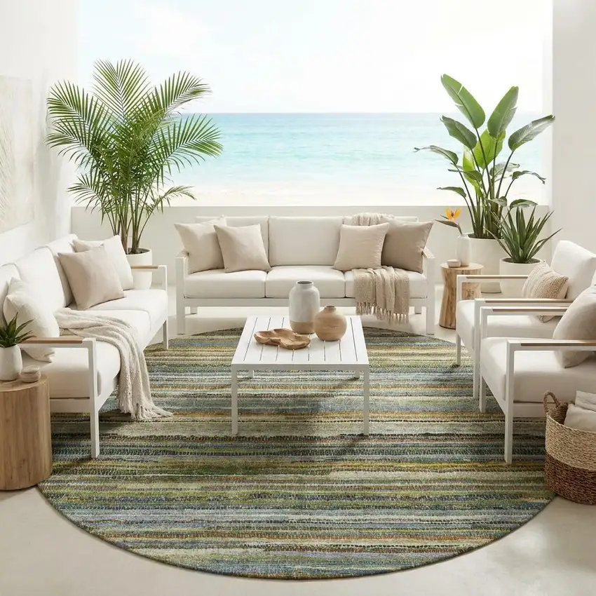 8' Green And Brown Round Striped Washable Indoor Outdoor Area Rug Photo 1