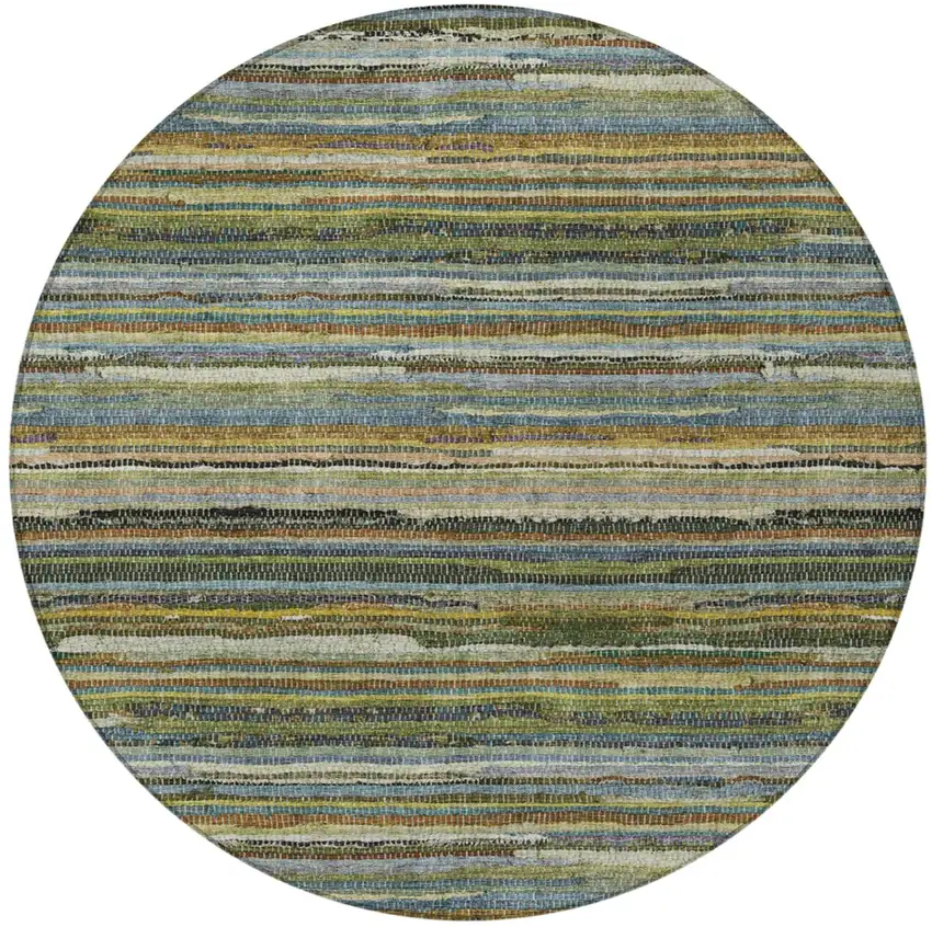 8' Green And Brown Round Striped Washable Indoor Outdoor Area Rug Photo 4
