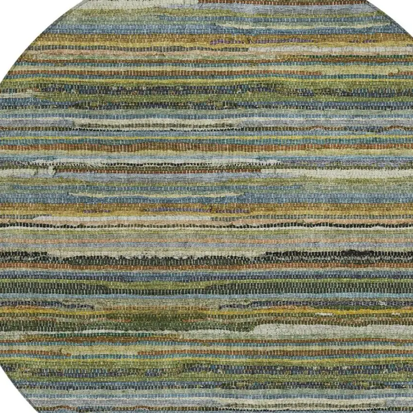 8' Green And Brown Round Striped Washable Indoor Outdoor Area Rug Photo 3
