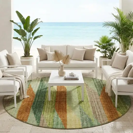 8' Green And Brown Round Striped Washable Indoor Outdoor Area Rug Photo 1