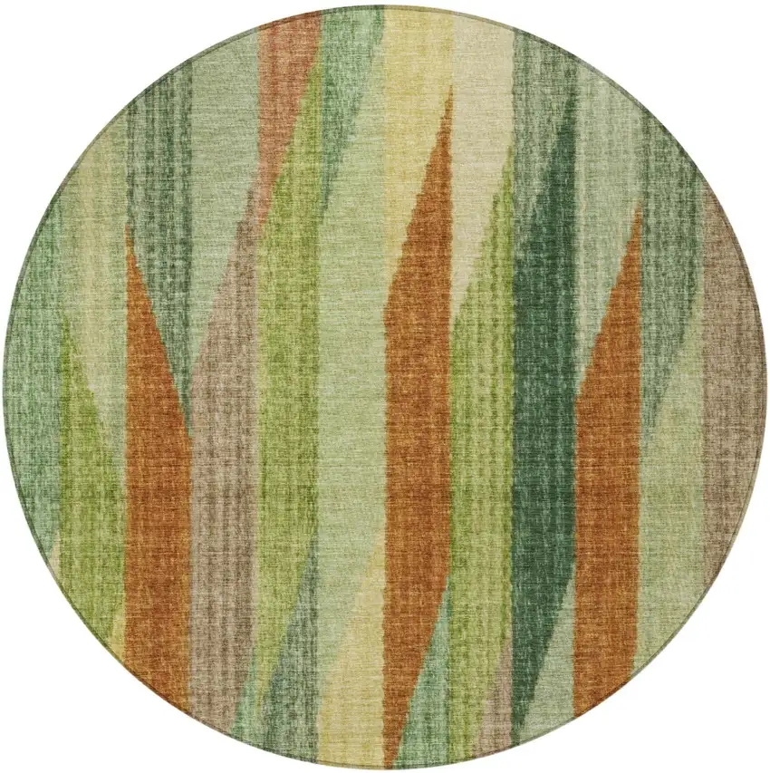 8' Green And Brown Round Striped Washable Indoor Outdoor Area Rug Photo 4