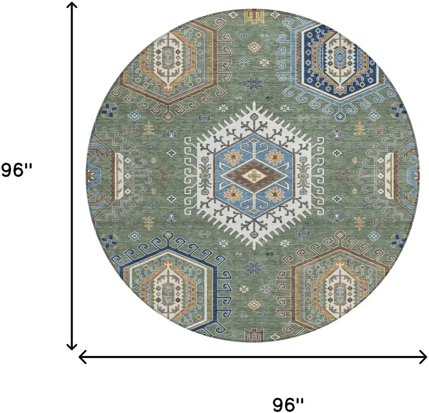 8' Green And Brown Round Tribal Washable Indoor Outdoor Area Rug Photo 5