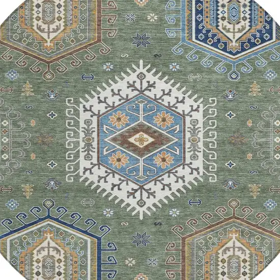 8' Green And Brown Round Tribal Washable Indoor Outdoor Area Rug Photo 2
