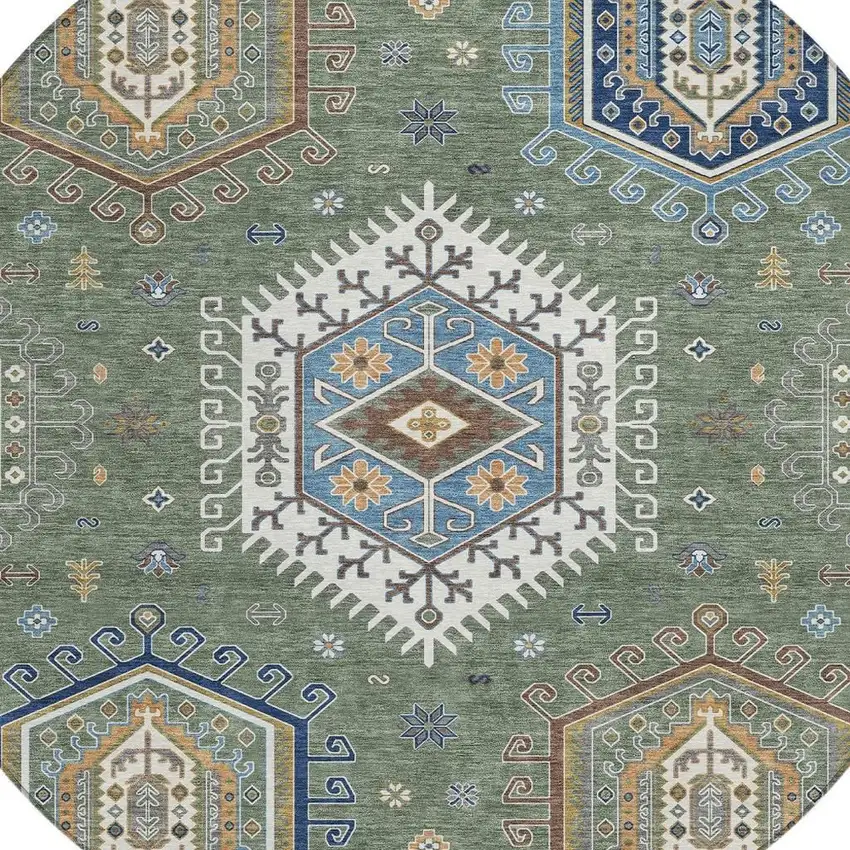 8' Green And Brown Round Tribal Washable Indoor Outdoor Area Rug Photo 2