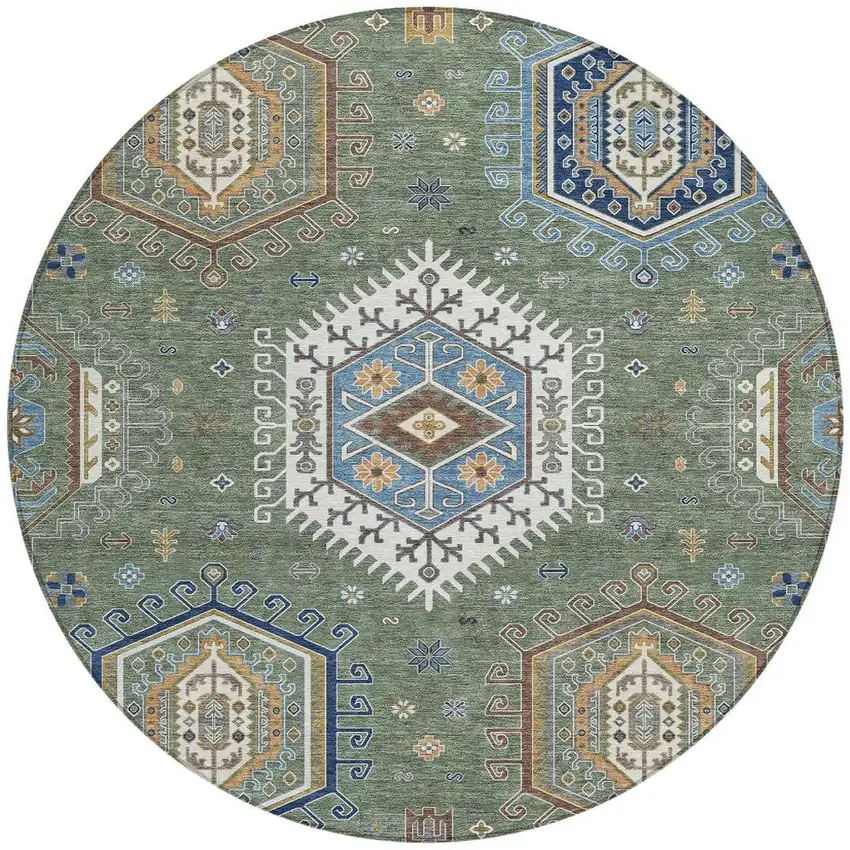 8' Green And Brown Round Tribal Washable Indoor Outdoor Area Rug Photo 3