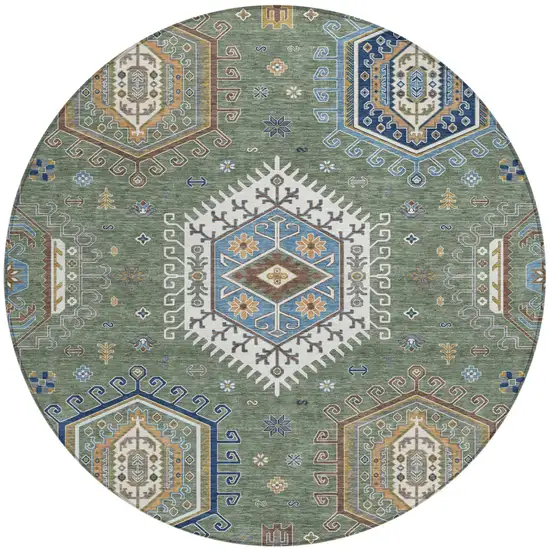 8' Green And Brown Round Tribal Washable Indoor Outdoor Area Rug Photo 1