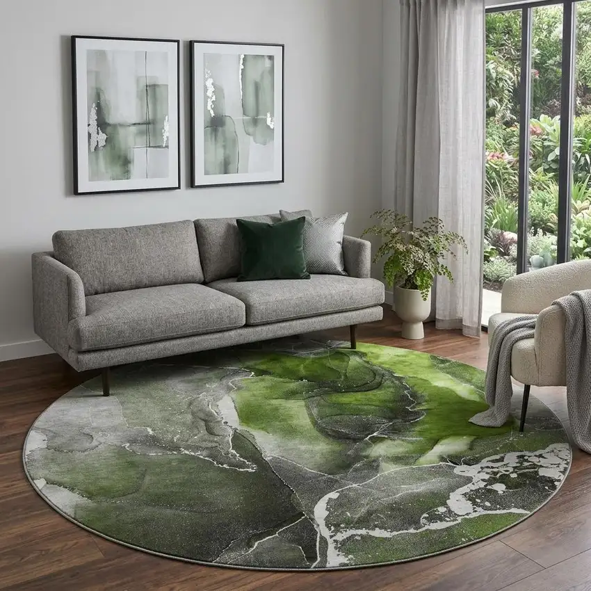8' Green And Charcoal Abstract Washable Round Rug With UV Protection Photo 1