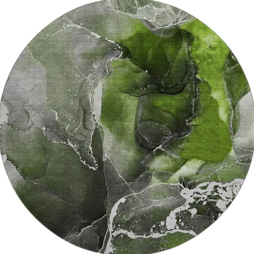 8' Green And Charcoal Abstract Washable Round Rug With UV Protection Photo 4