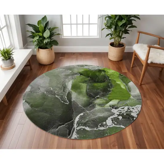 8' Green And Charcoal Abstract Washable Round Rug With UV Protection Photo 2
