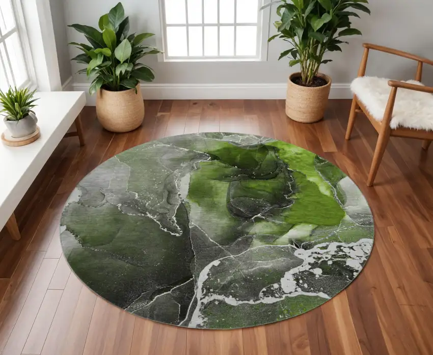 8' Green And Charcoal Abstract Washable Round Rug With UV Protection Photo 2