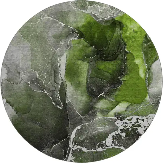 8' Green And Charcoal Abstract Washable Round Rug With UV Protection Photo 1