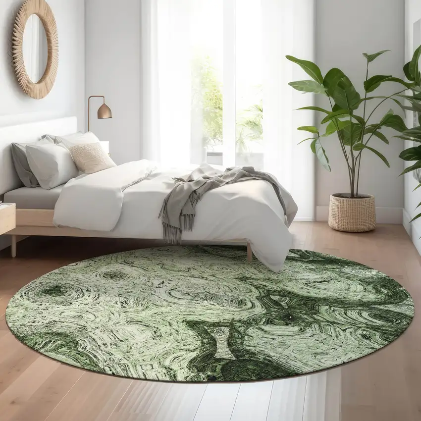 8' Green And Charcoal Abstract Washable Round Rug With UV Protection Photo 5