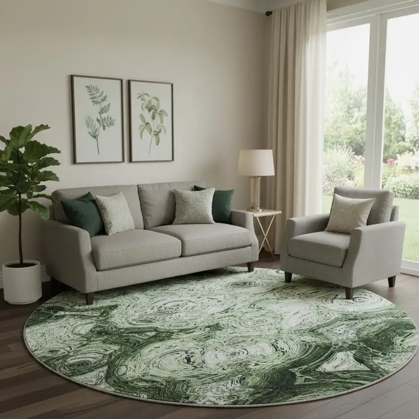8' Green And Charcoal Abstract Washable Round Rug With UV Protection Photo 1
