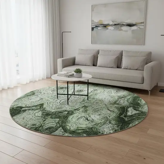 8' Green And Charcoal Abstract Washable Round Rug With UV Protection Photo 2
