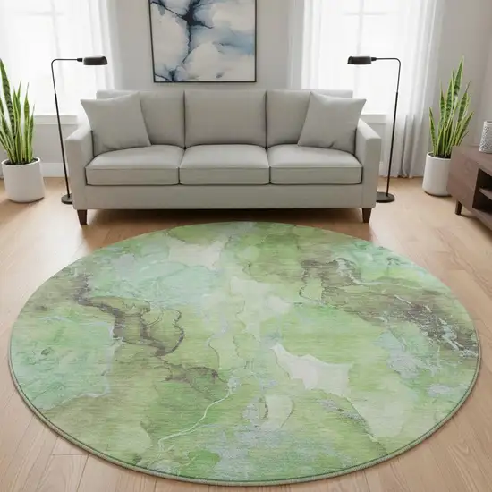 8' Green And Charcoal Abstract Washable Round Rug With UV Protection Photo 2