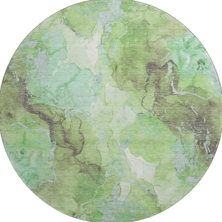 8' Green And Charcoal Abstract Washable Round Rug With UV Protection Photo 3