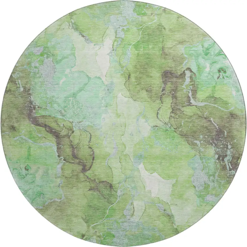 8' Green And Charcoal Abstract Washable Round Rug With UV Protection Photo 1