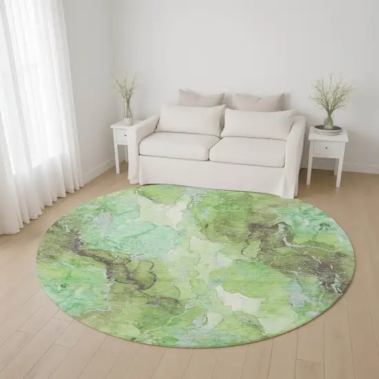 8' Green And Charcoal Abstract Washable Round Rug With UV Protection Photo 4