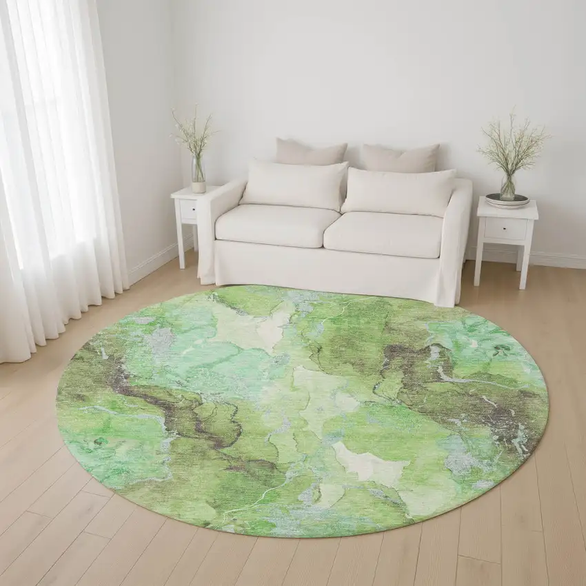 8' Green And Charcoal Abstract Washable Round Rug With UV Protection Photo 4