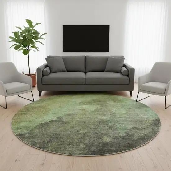 8' Green And Charcoal Abstract Washable Round Rug With UV Protection Photo 2