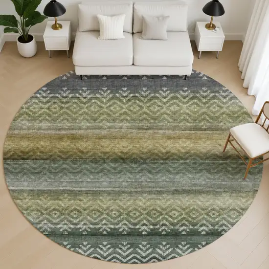 8' Green And Charcoal Geometric Washable Round Rug With UV Protection Photo 5