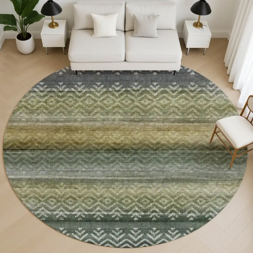 8' Green And Charcoal Geometric Washable Round Rug With UV Protection Photo 5