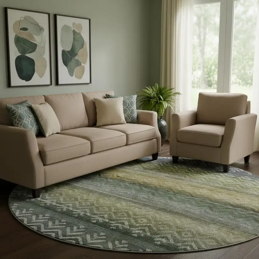 8' Green And Charcoal Geometric Washable Round Rug With UV Protection Photo 2