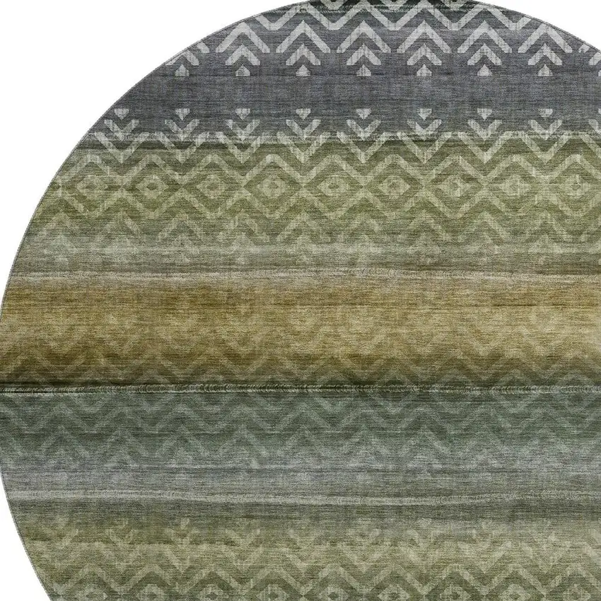 8' Green And Charcoal Geometric Washable Round Rug With UV Protection Photo 3