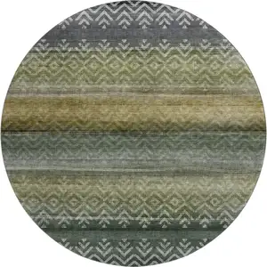 Photo of 8' Green And Charcoal Geometric Washable Round Rug With UV Protection