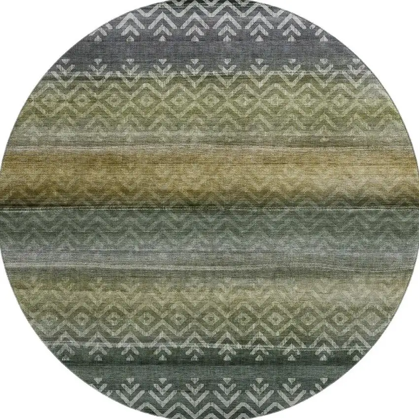 8' Green And Charcoal Geometric Washable Round Rug With UV Protection Photo 4